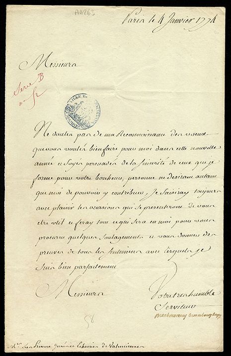 Lettre de vœux de Charles-François-Christian de Montmorency-Luxembourg adressée au Magistrat de Valenciennes, 4 janvier 1774 