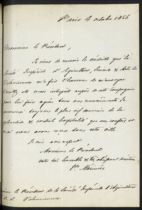 Lettre autographe de Prosper Mérimée, 4 octobre 1856 