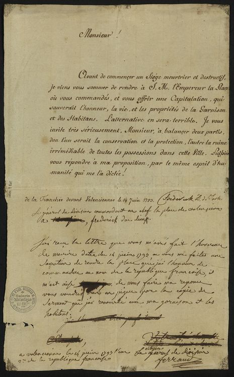 Lettre de sommation du duc d’York au général Ferrand, 14 juin 1793 