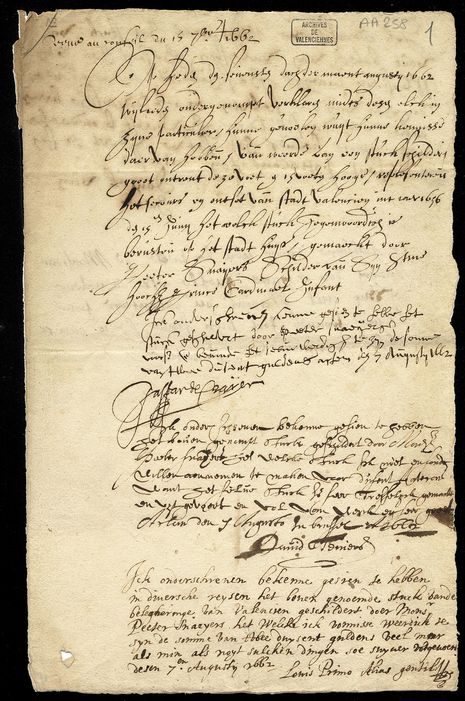 Certificat signé de Gaspar De Crayer, David Teniers, Louis Primo alias Gentil, Daniel Van Heil et Charles Wautier, peintres constatant la qualité du tableau de Peeter Snayers représentant le siège de Valenciennes en 1656, septembre 1662 (AA 258)