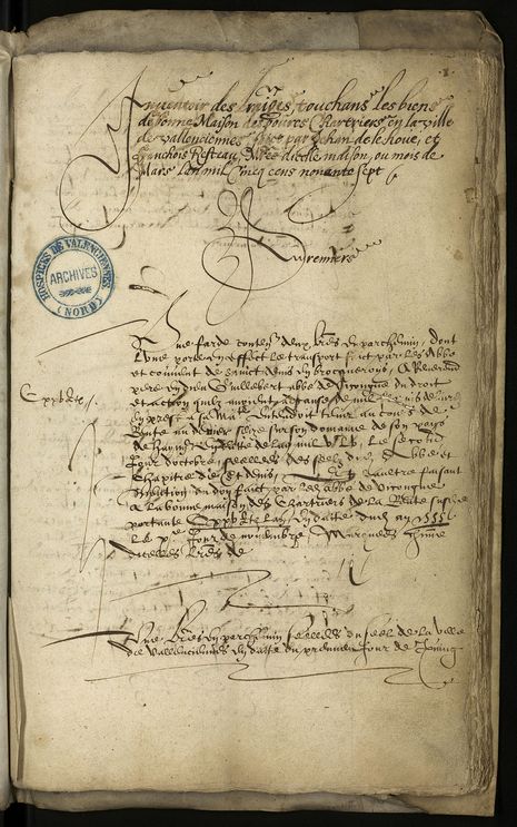 Inventoir des lettriaiges de la bonne maison des povres Chartriers de la ville de Vallenciennes… l’an 1597 (Fonds de l’Hospice des Chartriers, B 35)