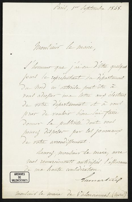 Lettre d’Alphonse de Lamartine adressée au maire de Valenciennes, 1er septembre 1848